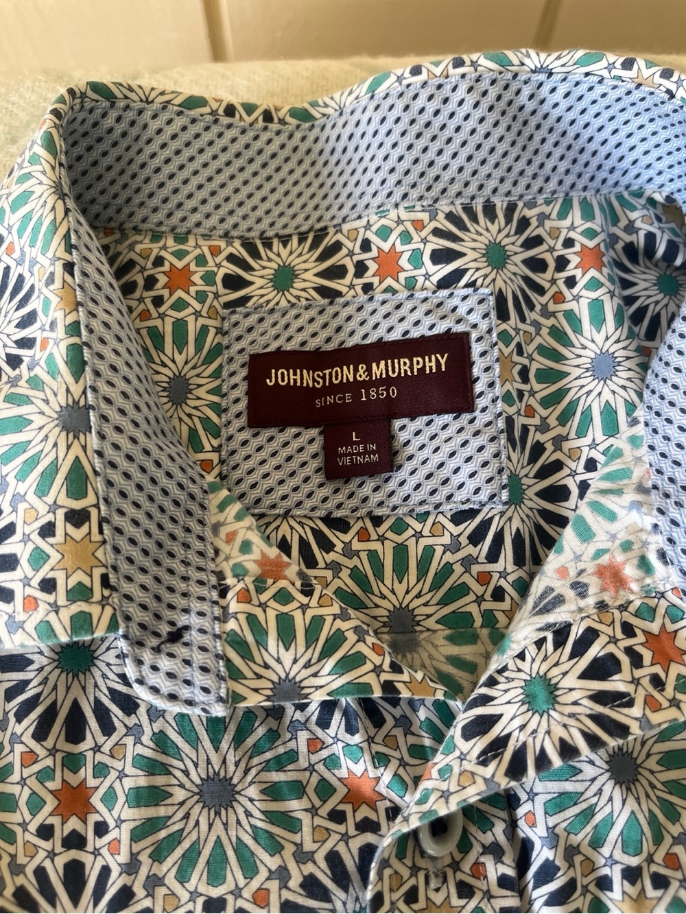 Johnston & Murphy Teal, Navy & Orange Geometric Print Dress Shirt